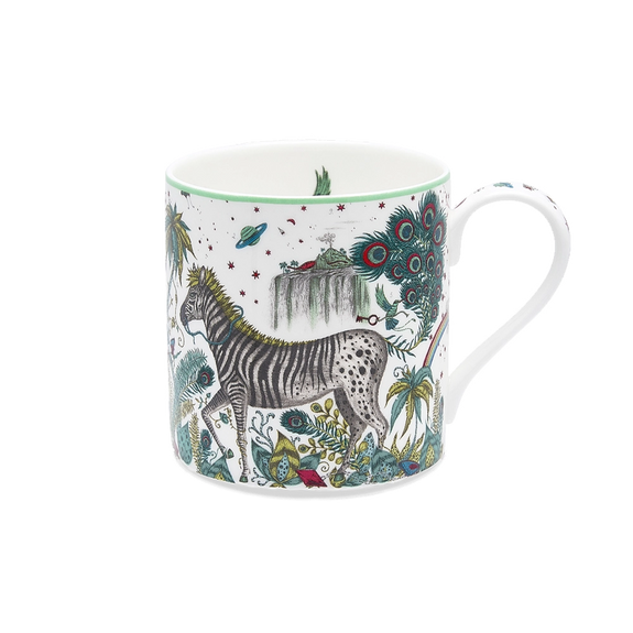 1 | Lost World Mug designed by Emma J Shipley, crafted in fine bone china in Stoke-on-Trent, UK, hand-drawn with a peacock-tailed zebra among winding foliage and fantastical creatures