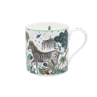 Lost World Mug designed by Emma J Shipley, crafted in fine bone china in Stoke-on-Trent, UK, hand-drawn with a peacock-tailed zebra among winding foliage and fantastical creatures