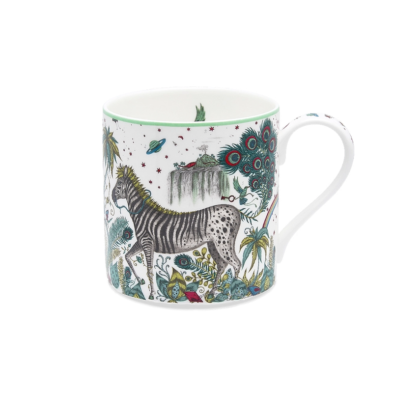  Lost World Mug designed by Emma J Shipley, crafted in fine bone china in Stoke-on-Trent, UK, hand-drawn with a peacock-tailed zebra among winding foliage and fantastical creatures