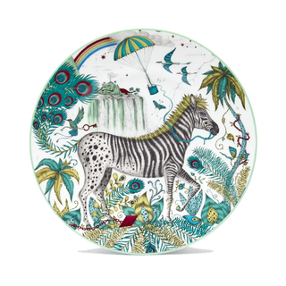 Lost World Side Plate designed by Emma J Shipley, crafted in fine bone china in Stoke-on-Trent, UK, hand-drawn with a peacock-tailed zebra among winding foliage and fantastical creatures