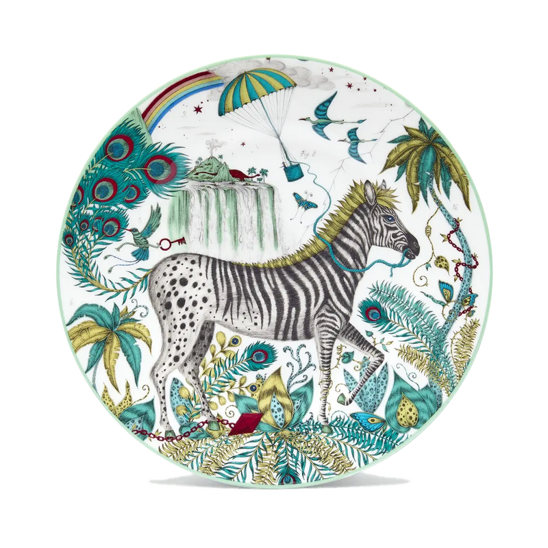 Lost World Side Plate designed by Emma J Shipley, crafted in fine bone china in Stoke-on-Trent, UK, hand-drawn with a peacock-tailed zebra among winding foliage and fantastical creatures