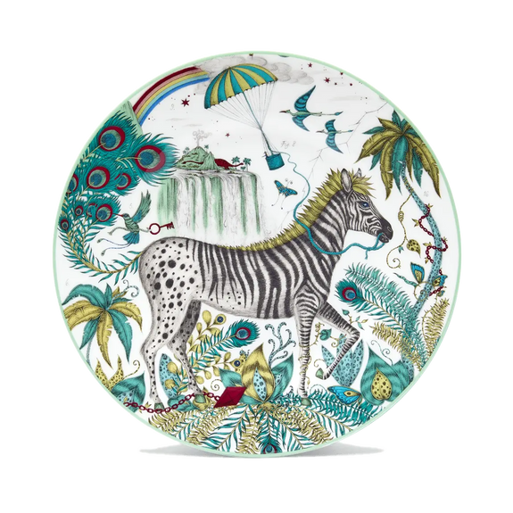 Lost World Side Plate by Emma J Shipley, fine bone china hand-drawn with a peacock-tailed zebra among winding foliage