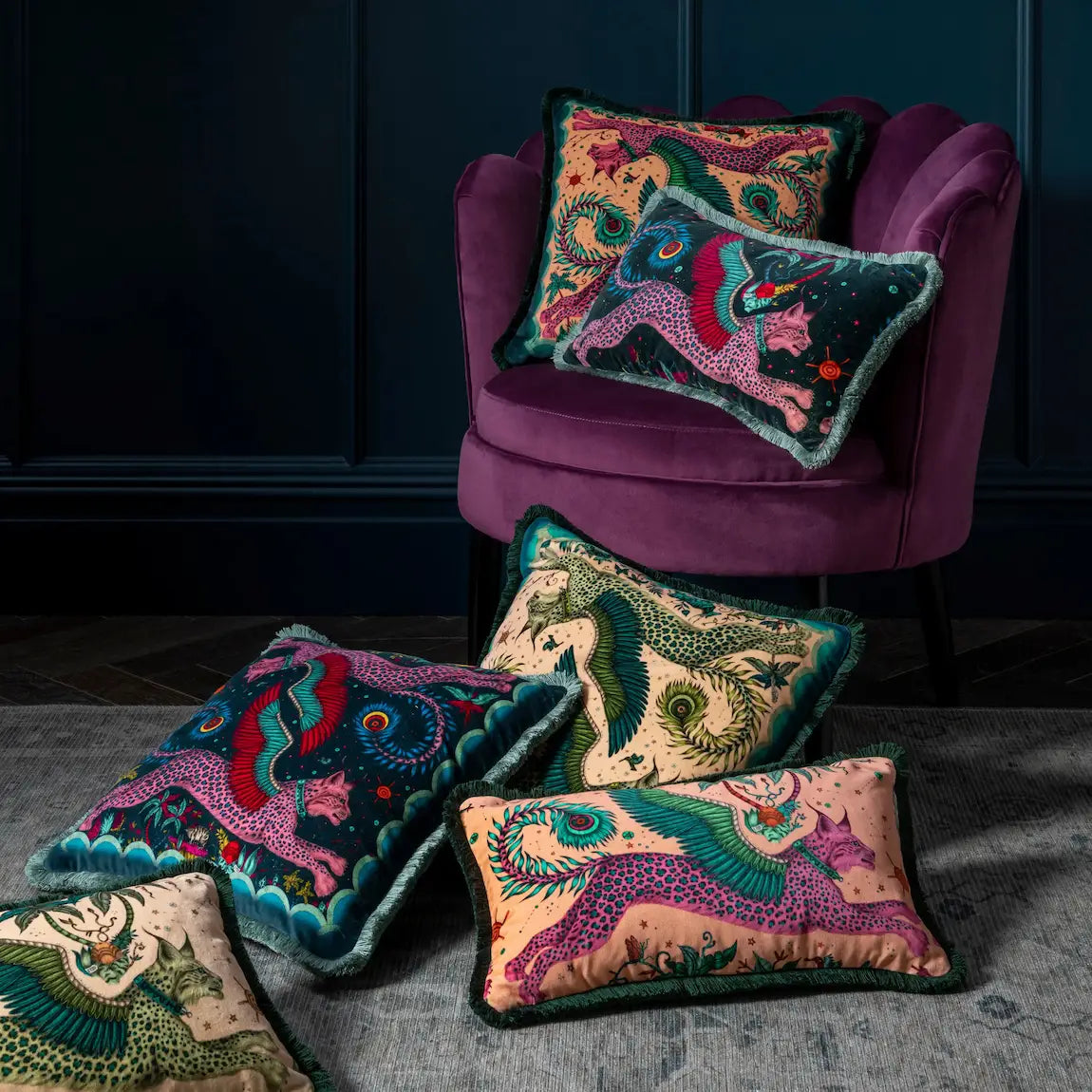 Emma J Shipley Lynx Luxury Velvet Bolster Cushion - Magenta