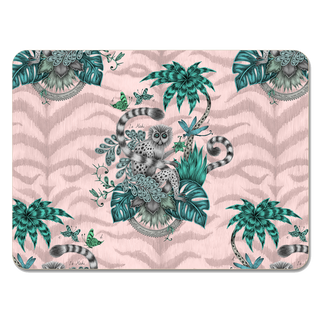The Lemur Pink Placemat featuring the madagascan Lemur, palm trees and leafy foliage, designed and drawn by Emma J Shipley