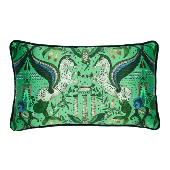 Emerald | Odyssey Silk Bolster Cushion in Emerald Green designed by Emma J Shipley. This intricate hand-drawn design was inspired by the Hellenistic period, the gods and goddesses of Grecian mythology and Emma’s travels to Greece’s ancient sites