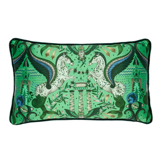 Odyssey Silk Bolster Cushion in Emerald Green designed by Emma J Shipley. This intricate hand-drawn design was inspired by the Hellenistic period, the gods and goddesses of Grecian mythology and Emma’s travels to Greece’s ancient sites
