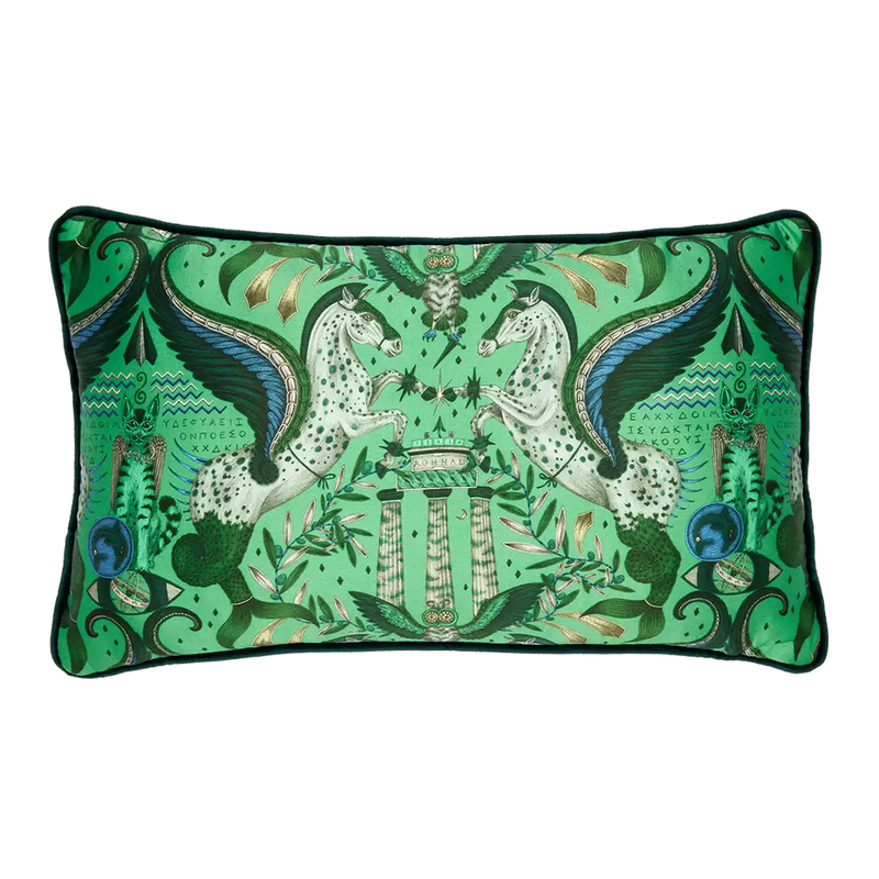  Odyssey Silk Bolster Cushion in Emerald Green designed by Emma J Shipley. This intricate hand-drawn design was inspired by the Hellenistic period, the gods and goddesses of Grecian mythology and Emma’s travels to Greece’s ancient sites