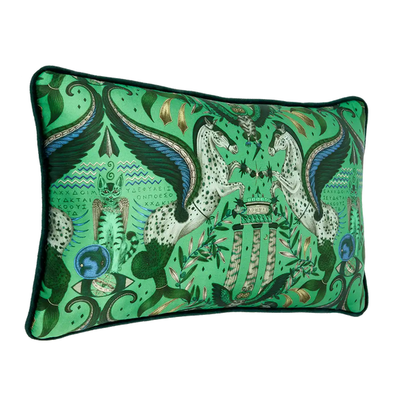 Emerald | Odyssey Silk Bolster Cushion in Emerald Green designed by Emma J Shipley. This intricate hand-drawn design was inspired by the Hellenistic period, the gods and goddesses of Grecian mythology and Emma’s travels to Greece’s ancient sites