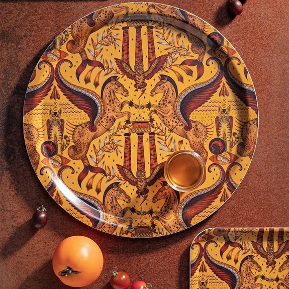 Gold | Large | Round tray in Gold with Grecian Pegasus design and autumn tomatoes, designed by Emma J Shipley in England