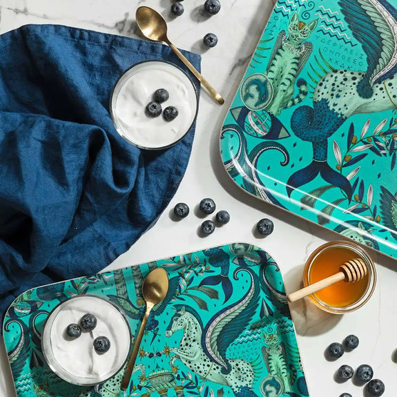 Peacock | Small | Large | Rectangle Trays with Grecian Pegasus design in Turquoise with breakfast foods designed by Emma J Shipley in England