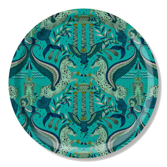 Peacock | Medium | Round tray in Turquoise with Grecian Pegasus design, designed by Emma J Shipley in England