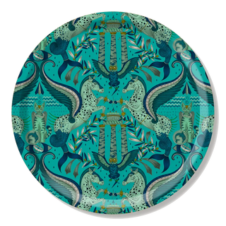 Round tray in Turquoise with Grecian Pegasus design, designed by Emma J Shipley in England