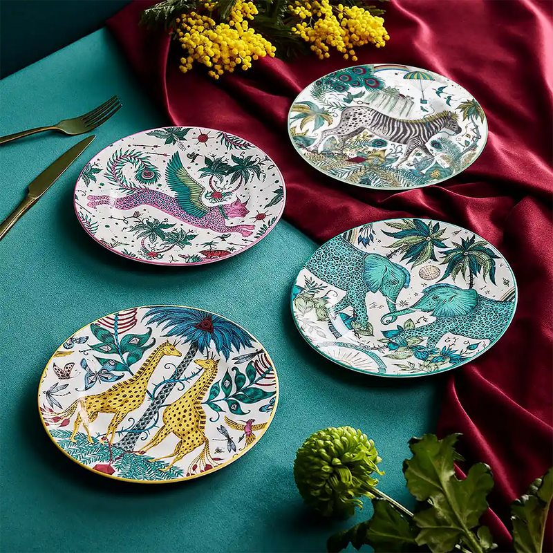 The Explorer Side Plates set of four by Emma J Shipley: Kruger, Zambezi, Lynx and Lost World fine bone china side plates