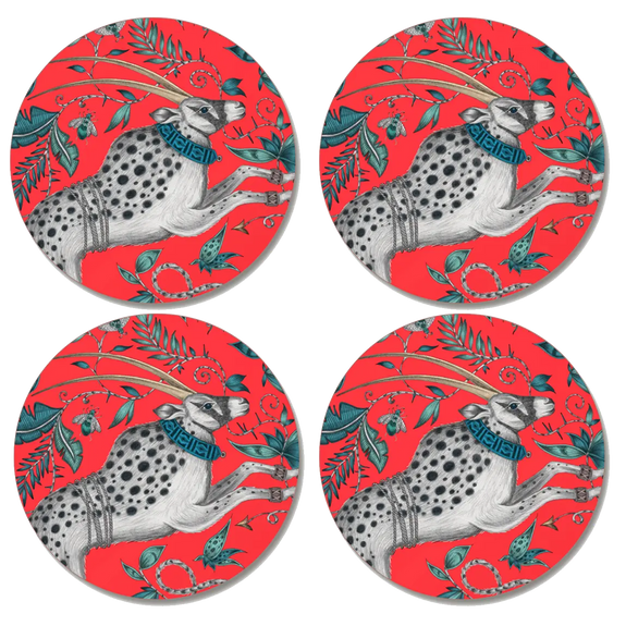 4 | Four circular coasters with a gazelle design on a red background