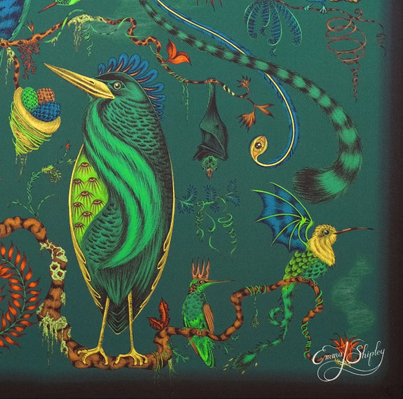 Detail of the Quetzal Silk Framed Artwork in Teal designed by Emma J Shipley in London
