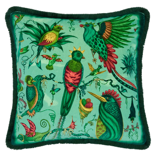 Quetzal Luxury Velvet Cushion in Aqua designed by Emma J Shipley in London inspired by Costa Rica's Cloud Forest