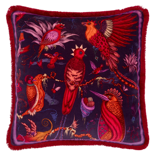 Quetzal Luxury Velvet Cushion in Violet designed by Emma J Shipley in London inspired by Costa Rica's Cloud Forest