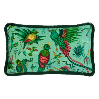 Quetzal Luxury Velvet Bolster Cushion in Aqua designed by Emma J Shipley in London inspired by Costa Rica's Cloud Forest