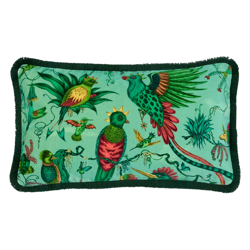  Quetzal Luxury Velvet Bolster Cushion in Aqua designed by Emma J Shipley in London inspired by Costa Rica's Cloud Forest