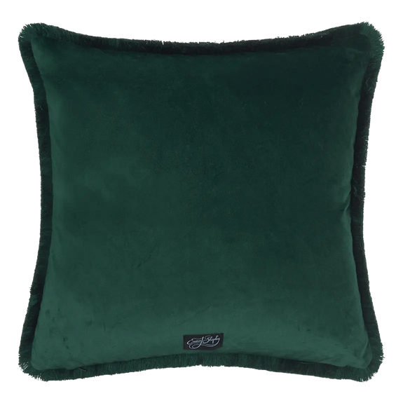 Aqua | Back of Aqua Luxury Velvet Cushion with Forest Green Fringing