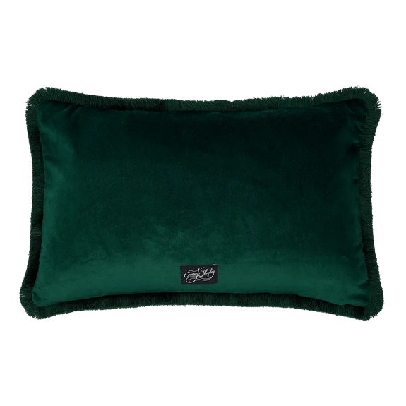 Aqua | Back of Aqua Luxury Velvet Bolster Cushion with Forest Fringing