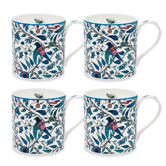 4 | 4 x Rousseau Mug designed by Emma J Shipley, crafted in fine bone china by skilled artisans in Stoke on Trent UK, hand decorated with an exquisitely detailed and colourful scene of curious birds and creatures amongst a pattern of winding foliage in a palette of blues, and subtle pink blush tones, part of the Fine China Dining collection
