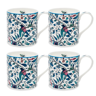4 x Rousseau Mug designed by Emma J Shipley, crafted in fine bone china by skilled artisans in Stoke on Trent UK, hand decorated with an exquisitely detailed and colourful scene of curious birds and creatures amongst a pattern of winding foliage in a palette of blues, and subtle pink blush tones, part of the Fine China Dining collection