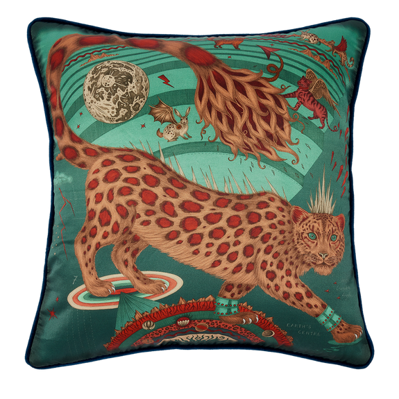 Teal | The Snow Leopard Silk cushion in Teal features a cat on the front in burnt orange colours designed by Emma J Shipley 