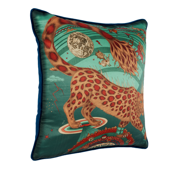 Teal | The side of the Teal Snow Leopard silk cushion designed by Emma J Shipley n her London studio