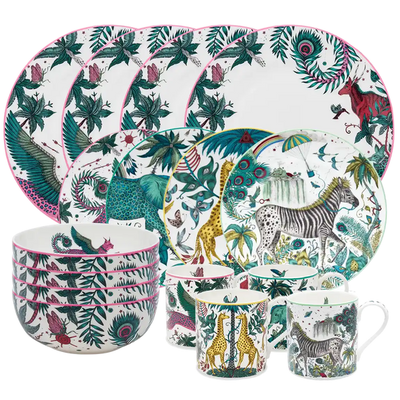 Lynx Dinner Plates | The Explorer 16-piece dining set by Emma J Shipley with Lynx dinner plates and bowls, plus Kruger, Zambezi, Lynx and Lost World side plates and mugs