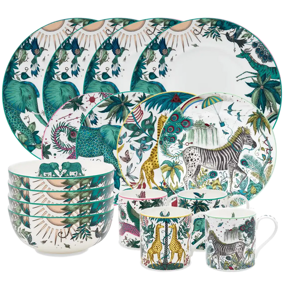 Zambezi Dinner Plates | The Explorer 16-piece dining set by Emma J Shipley with Zambezi dinner plates and bowls, plus Kruger, Zambezi, Lynx and Lost World side plates and mugs