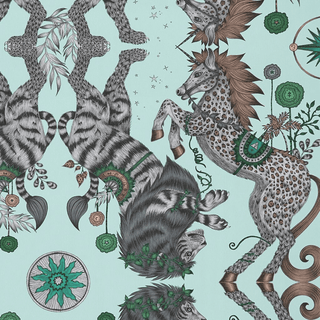 The Aqua Caspian wallpaper is magically inspired by the Chronicles of Narnia featuring a Lion and a Unicorn designed by Emma J Shipley and manufactured by Clarke & Clarke