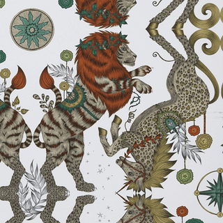 The Gold Caspian wallpaper is magically inspired by the Chronicles of Narnia featuring a Lion and a Unicorn designed by Emma J Shipley and manufactured by Clarke & Clarke
