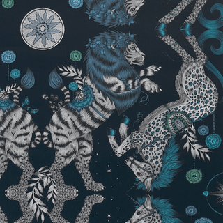 The Navy Caspian wallpaper is magically inspired by the Chronicles of Narnia featuring a Lion and a Unicorn designed by Emma J Shipley and manufactured by Clarke & Clarke