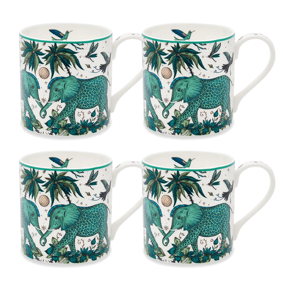 4 | 4 x Zambezi Mug designed by Emma J Shipley, crafted in fine bone china by skilled artisans in Stoke on Trent UK, hand decorated with an exquisitely detailed and colourful design featuring leopard spotted elephants, a leaping gazelle, soaring hornbills in layers of teal, greens and neutrals, part of the Fine China Dining collection