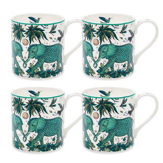 4 x Zambezi Mug designed by Emma J Shipley, crafted in fine bone china by skilled artisans in Stoke on Trent UK, hand decorated with an exquisitely detailed and colourful design featuring leopard spotted elephants, a leaping gazelle, soaring hornbills in layers of teal, greens and neutrals, part of the Fine China Dining collection