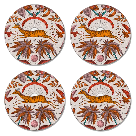 4 | Decorative coaster with an African gazelle design surrounded by tropical elements on a beige background