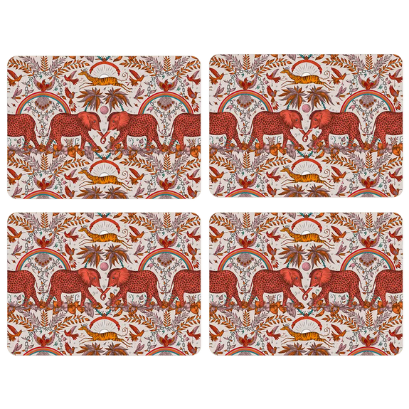 Medium | Large | 4 | Decorative placemat with red orange elephants, birds, and other animals on a white background