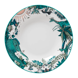 Decorative pasta bowl with tropical animal and plant design on a white background