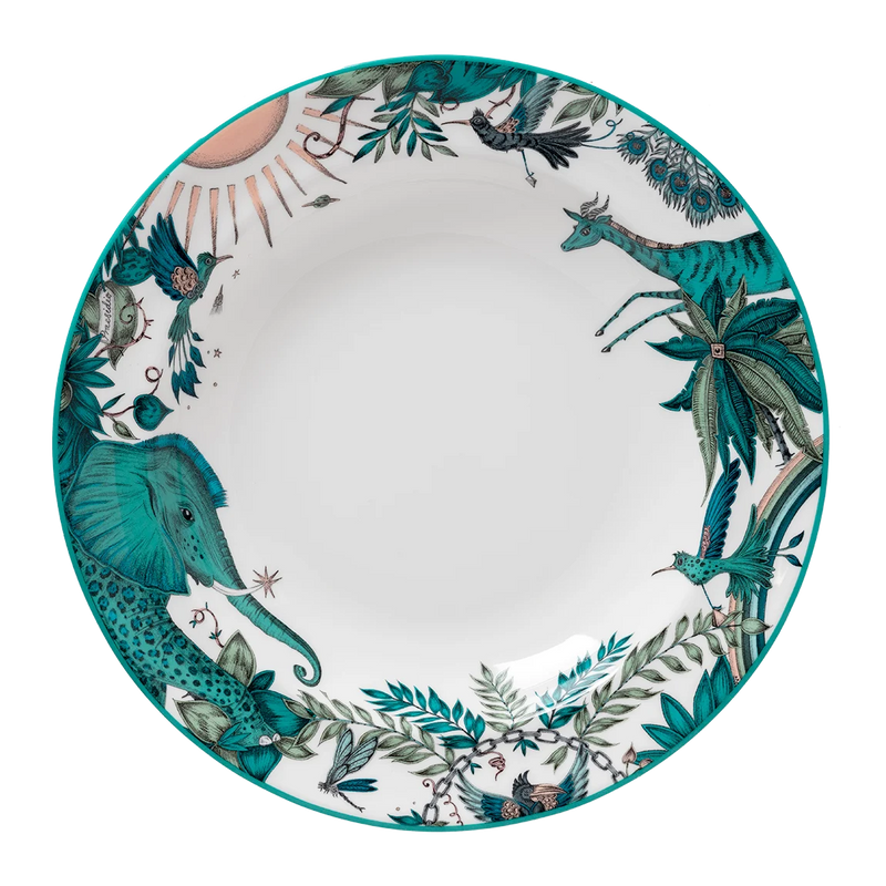  Decorative pasta bowl with tropical animal and plant design on a white background