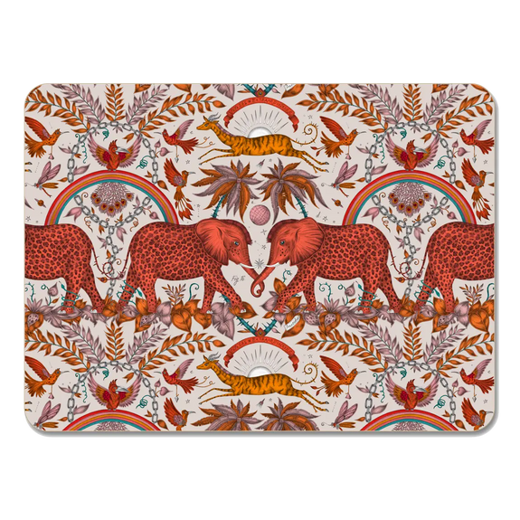 Medium | Large | 1 | Decorative placemat with red orange elephants, birds, and other animals on a white background