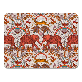 Decorative placemat with red orange elephants, birds, and other animals on a white background