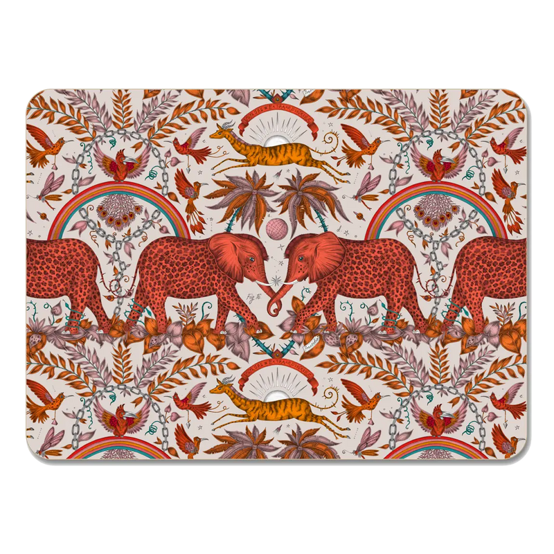 Decorative placemat with red orange elephants, birds, and other animals on a white background