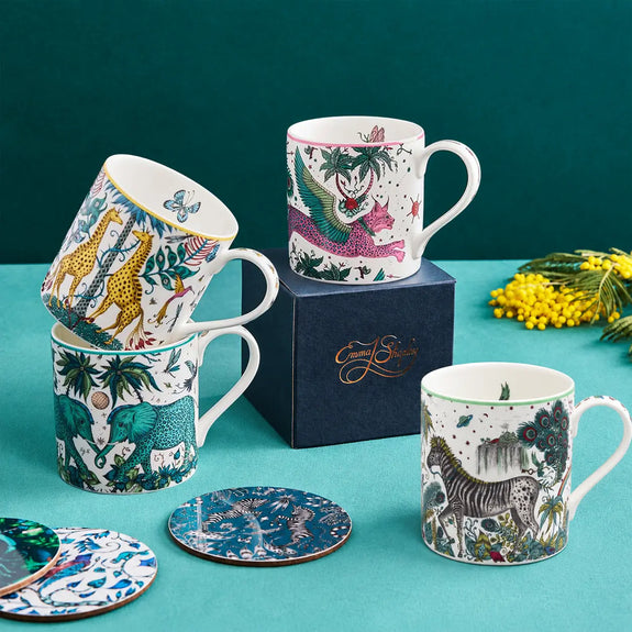 The Explorer Mugs set of four by Emma J Shipley: Kruger, Zambezi, Lynx and Lost World fine bone china mugs