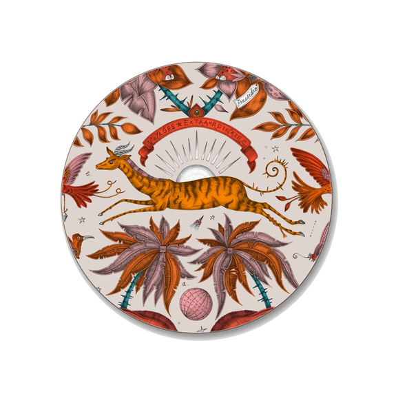 1 | Decorative coaster with an African gazelle design surrounded by tropical elements on a beige background
