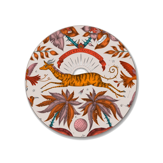 Decorative coaster with an African gazelle design surrounded by tropical elements on a beige background
