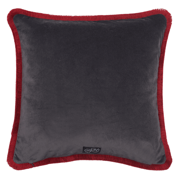 Flame | The Snow Leopard Luxury Velvet Cushion in Flame, featuring vibrant oranges, flame reds and striking blues with opulent ruche fringing. Designed by Emma J Shipley, inspired by Dante’s Inferno and Paradiso from the 14th century and Ingmar Bergman’s film “The Seventh Seal”
