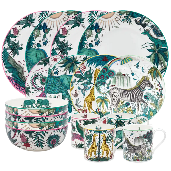 Mixed Dinner Plates | The Explorer 16-piece dining set by Emma J Shipley with mixed Zambezi and Lynx dinner plates and bowls, plus Kruger, Zambezi, Lynx and Lost World side plates and mugs