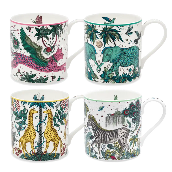 The Explorer Mugs by Emma J Shipley, four fine bone china mugs in Kruger, Zambezi, Lynx and Lost World designs styled together