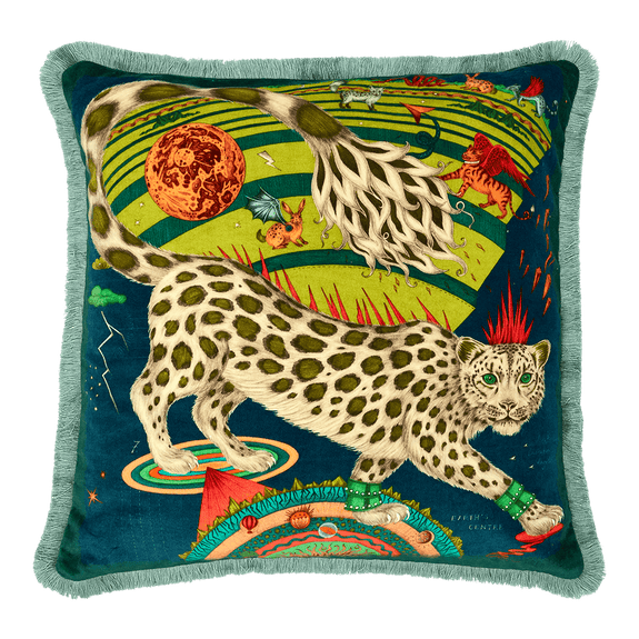 Forest | The Snow Leopard Luxury Velvet Cushion in Forest, featuring enchanting blues, striking greens and flame reds with opulent ruche fringing. Designed by Emma J Shipley, inspired by Dante’s Inferno and Paradiso from the 14th century and Ingmar Bergman’s film “The Seventh Seal”